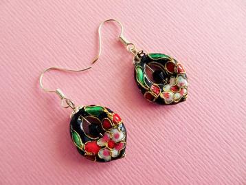 jwg Vintage 90s emaille boho bloem oorbellen zwart zilver kl beschikbaar voor biedingen
