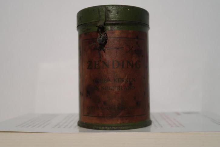 Zendingsbusje geref. kerken in Nederland, Verzamelen, Spaarpotten, Gebruikt, Overige thema's, Metaal of Blik, Ophalen of Verzenden