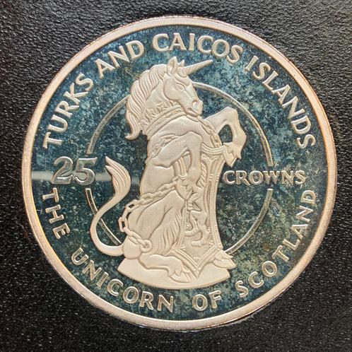 Turks & Caicos 25 Crowns 1978 Unicorn 43,65 gr .925 zilver, Postzegels en Munten, Munten | Amerika, Midden-Amerika, Zilver, Ophalen of Verzenden