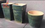 Grote hoge vintage stenen bloempotten groen geglazuurde pot, 25 tot 40 cm, Ophalen of Verzenden, Zo goed als nieuw, Minder dan 40 cm