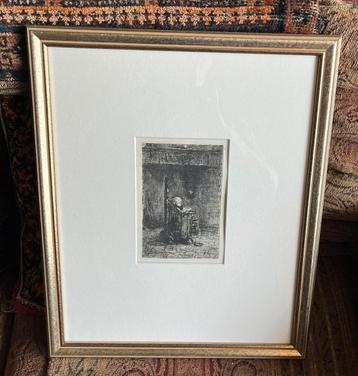 Jozef Israëls (1824 -1911) Ets in Lijst achter Glas. Gesign beschikbaar voor biedingen