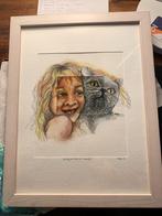 schilderij olieverf met pen en aquarel, meisje met poes, Antiek en Kunst, Ophalen