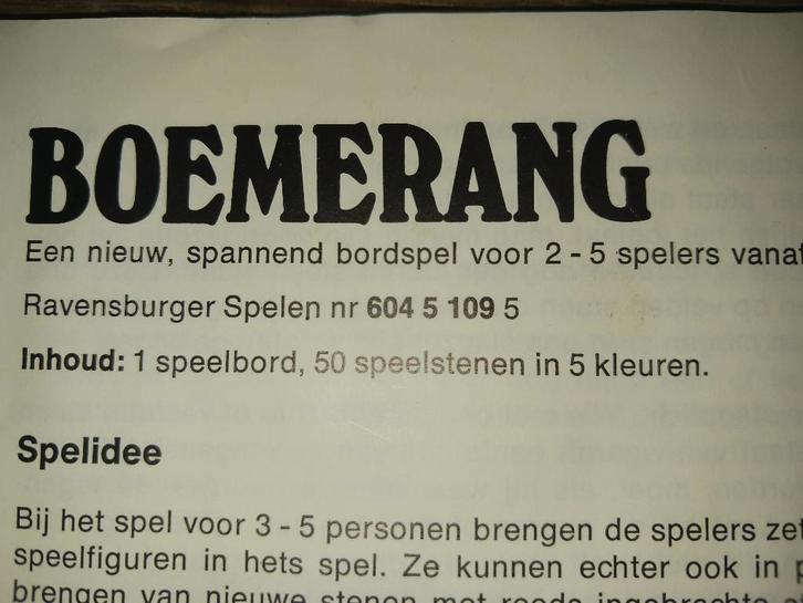 Boemerang uit 1976, Hobby en Vrije tijd, Gezelschapsspellen | Bordspellen, Nieuw, Een of twee spelers, Drie of vier spelers, Ophalen of Verzenden