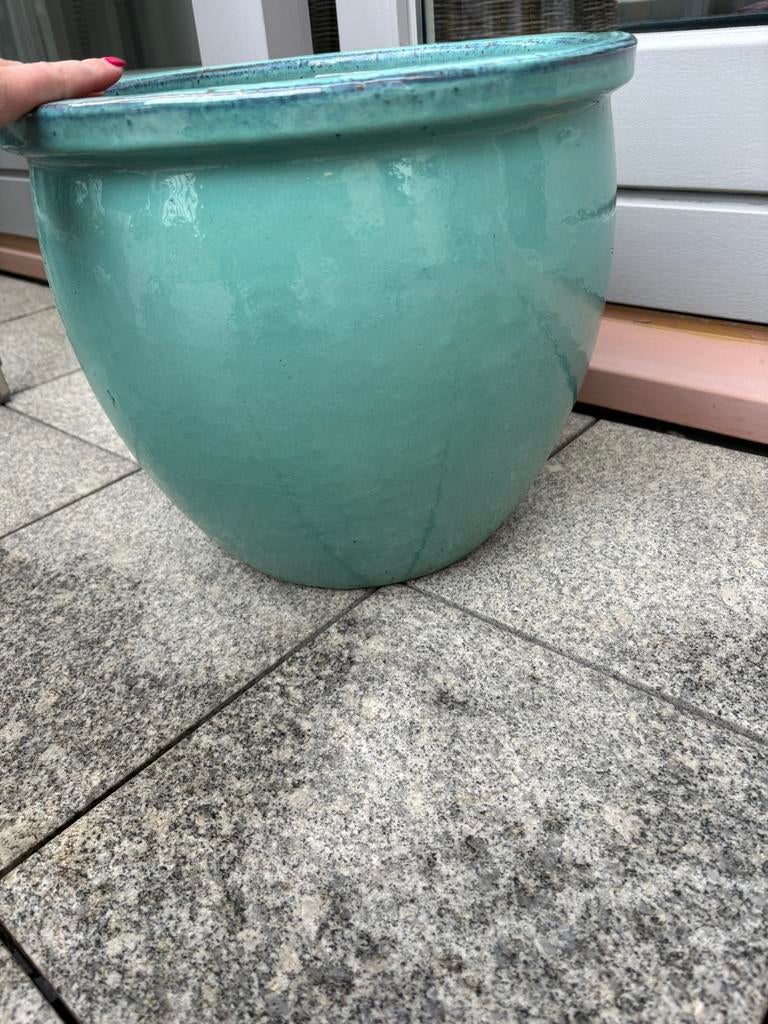 Turquoise glazuur bloempot plantenpot 38 cm hoog, Rond, Zo goed als nieuw, Minder dan 40 cm, Aardewerk