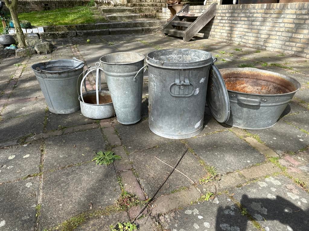 Set van 5 vintage zinken emmers en kuipen, Antiek en Kunst, Ophalen