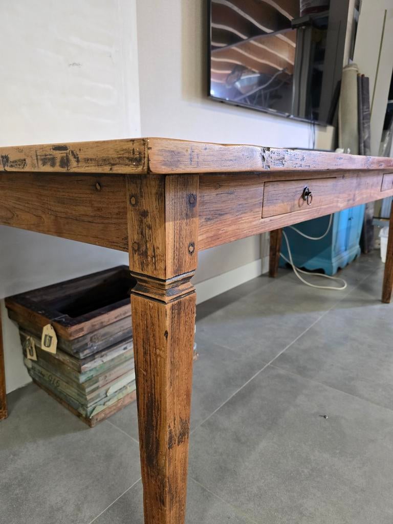 Antieke Franse eiken boerentafel | 210 x91cm | Vol karakter, Gebruikt, Eikenhout, 200 cm of meer, Rechthoekig