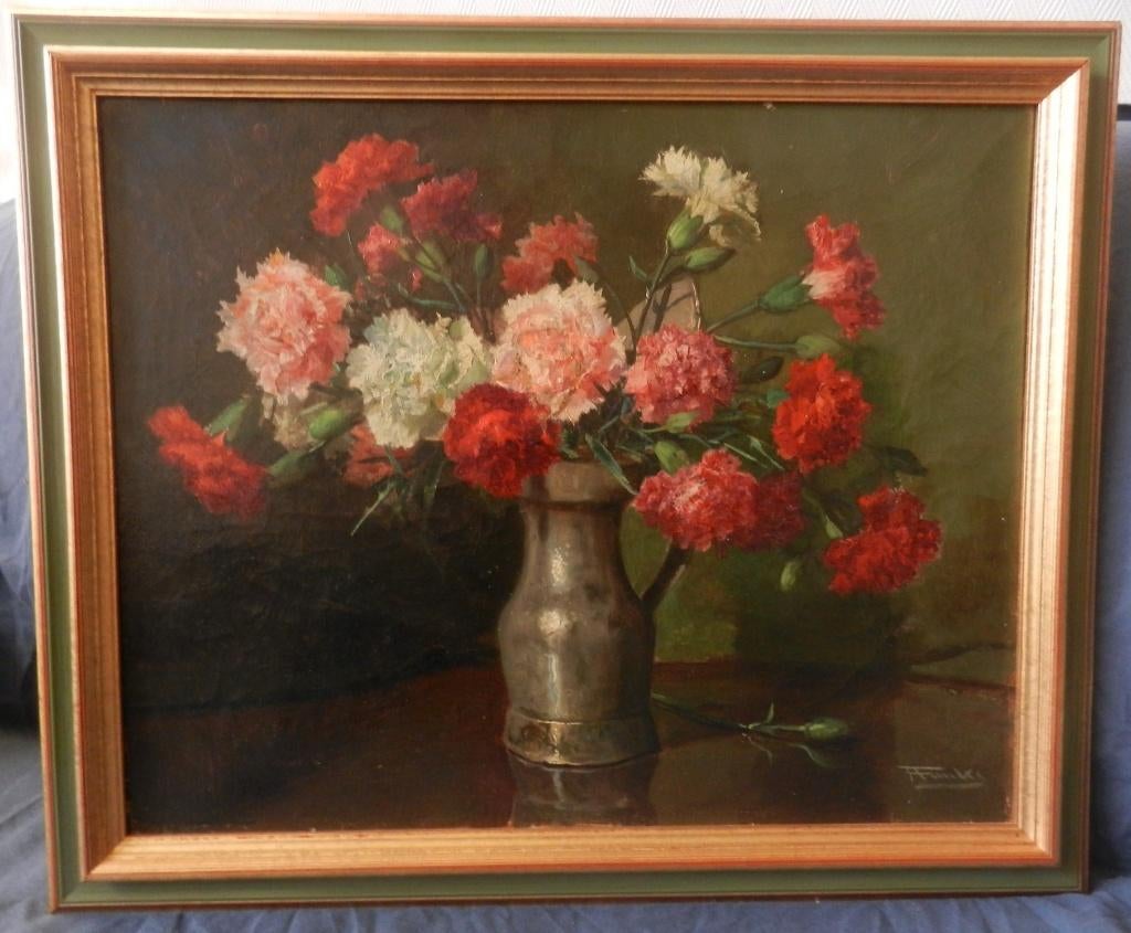 Olieverf Kan met anjers A. Funke Kupper 1869-1955 hxb 40x50, Antiek en Kunst, Ophalen of Verzenden