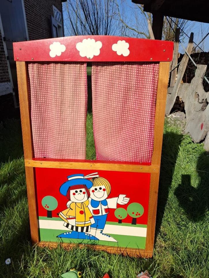 Vintage Poppenkast + 6 Handpoppen (Houten hoofden & Kikker), Kinderen en Baby's, Speelgoed | Poppen, Gebruikt, Overige typen, Ophalen