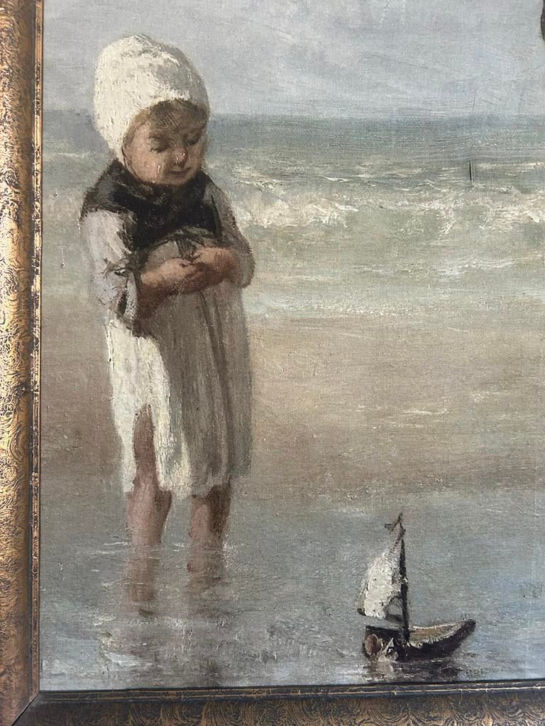 Groot schilderij van kinderen op het strand, Ophalen of Verzenden