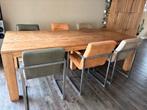 Teak eettafel 2,50m met stoelen, Ophalen, Gebruikt, 100 tot 150 cm, Teakhout