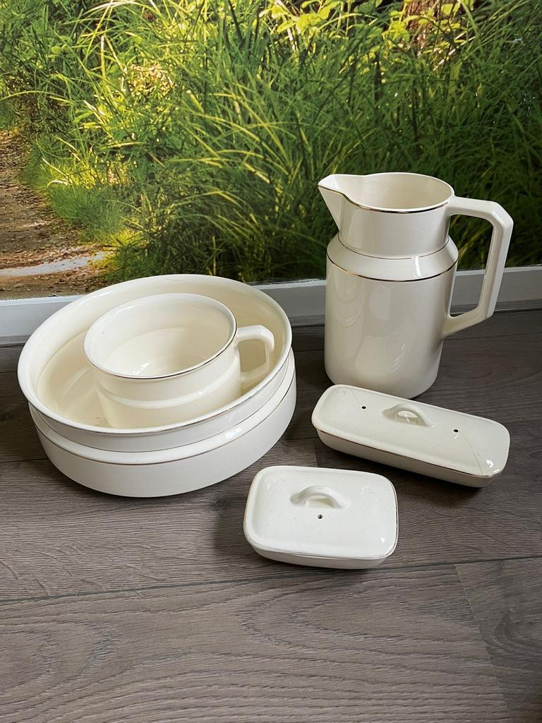 Vintage lampetstel - crème wit met gouden rand, Antiek en Kunst, Ophalen of Verzenden