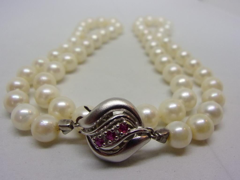Parelcollier, 14K goud, 48 cm, 33.14 gram, 3 Robijnen, Sieraden, Tassen en Uiterlijk, Kettingen, Verzenden, Wit, Zo goed als nieuw