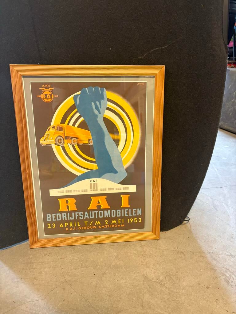 RAI Bedrijfsautomobielen poster 1953, Met lijst, Ophalen of Verzenden, A1 t/m A3, Overige onderwerpen