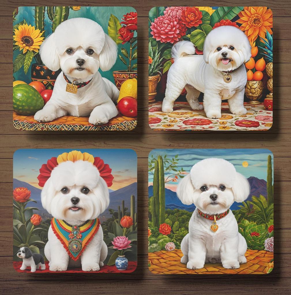 Bichon Frise Frida Kahlo onderzetters met houder, Ophalen of Verzenden, Nieuw, Glas of Kopje