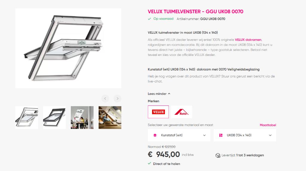 Velux Dakraam GGU UK08 0070 incl rolgordijn (134 x 140cm), Ophalen, Gebruikt, 120 tot 160 cm, Dubbelglas