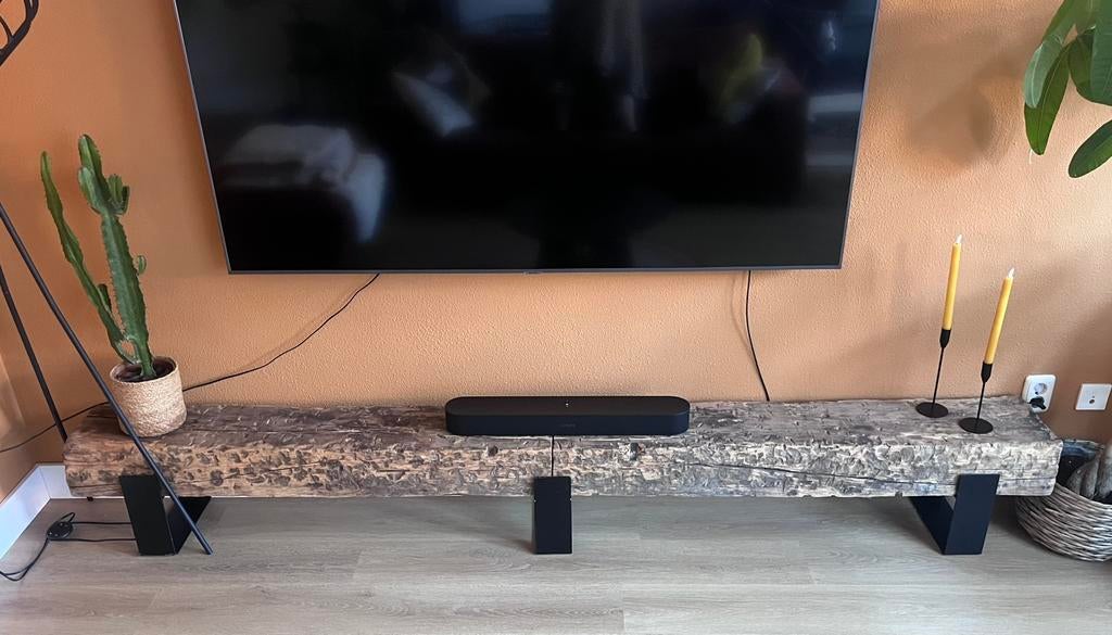 Robuuste tv-meubel spoorbielzen, Ophalen, 100 tot 150 cm, Zo goed als nieuw, 200 cm of meer