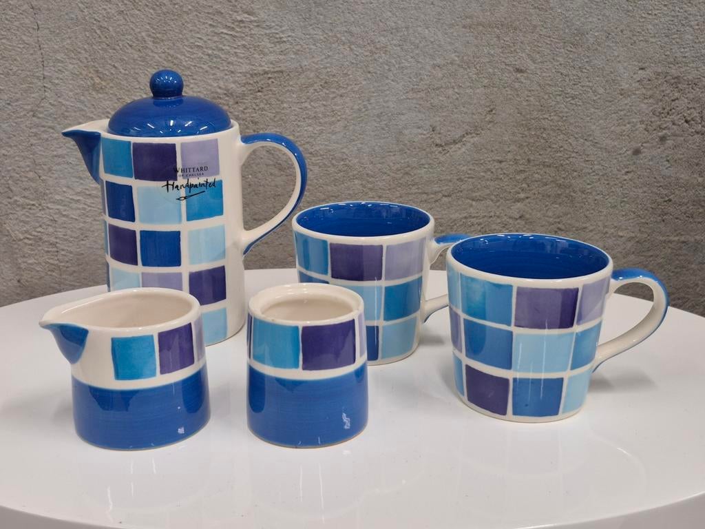 Whittard of Chelsea 2-persoons koffieset,  blauw wit geblokt, Ophalen of Verzenden