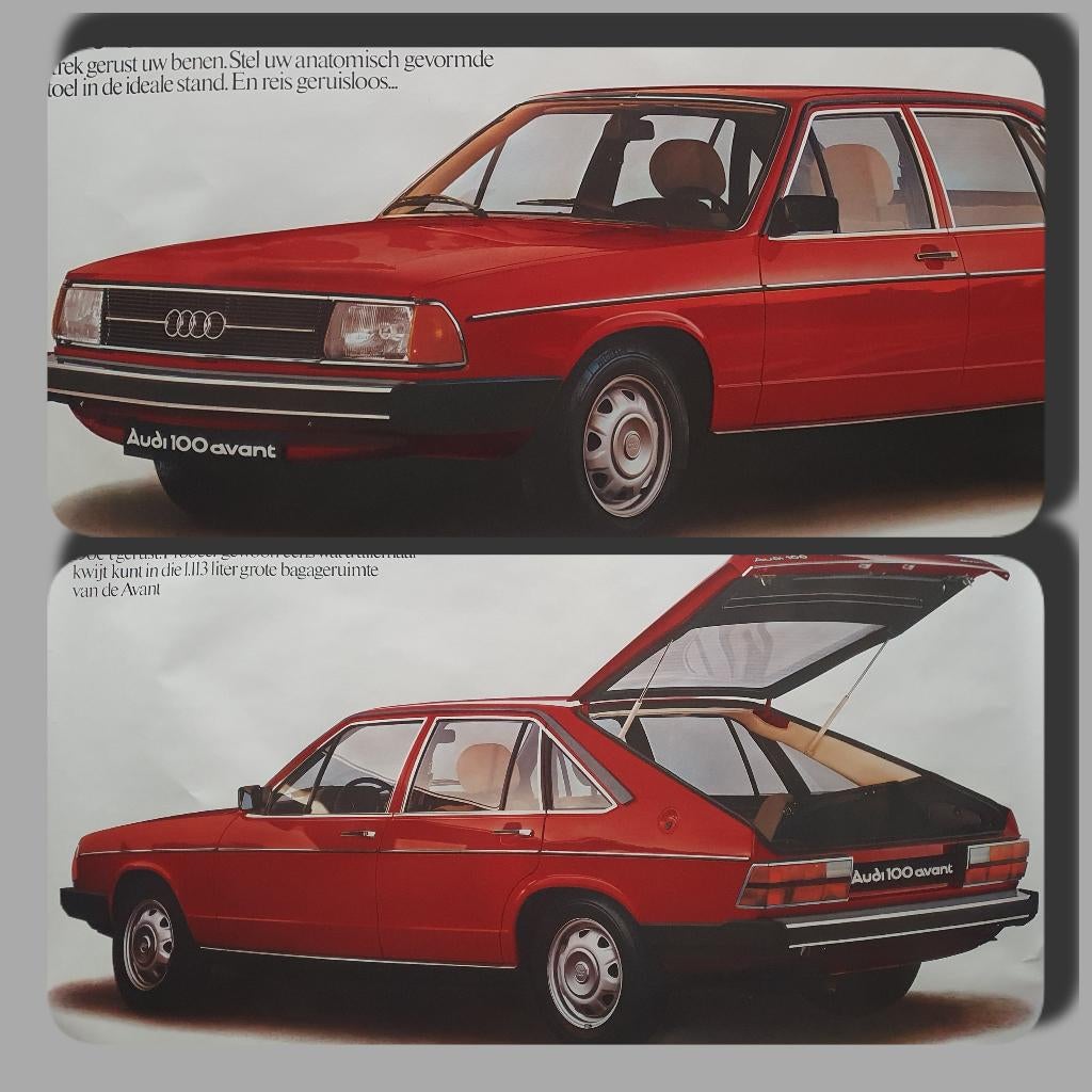 Poster - Audi 100 Avant, 2 uitvoeringen 1977, Verzamelen, Verzenden, Deurposter of groter, Rechthoekig Liggend, Zo goed als nieuw