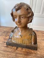 Brocante, antiek beeld/buste kinderhoofd van gips gesigneerd, Ophalen of Verzenden