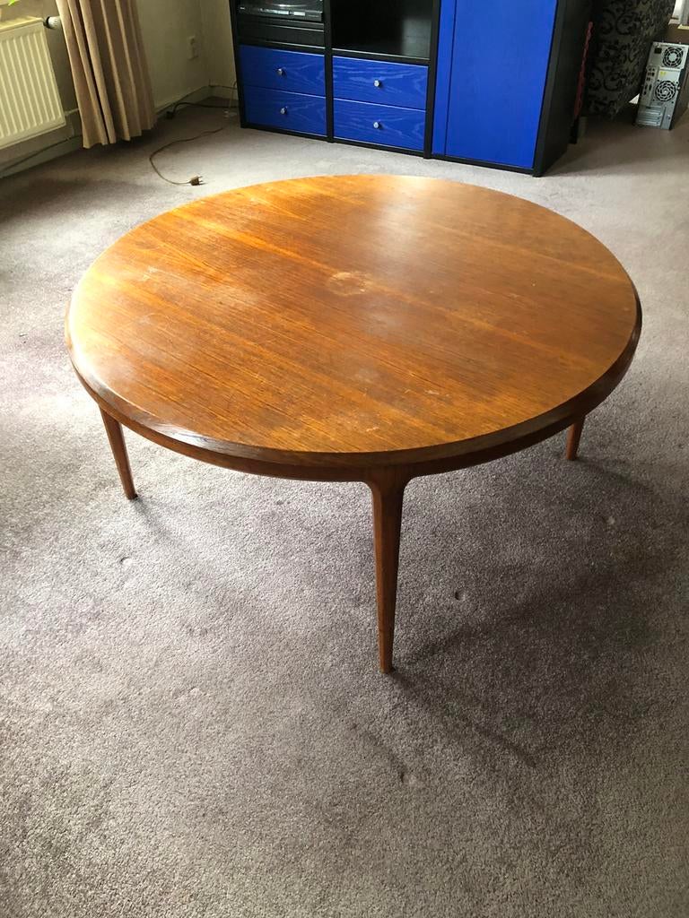 Ronde teakhouten salontafel, jaren 60 Scandinavisch design, Huis en Inrichting, Tafels | Salontafels, Ophalen, Gebruikt, 100 tot 150 cm