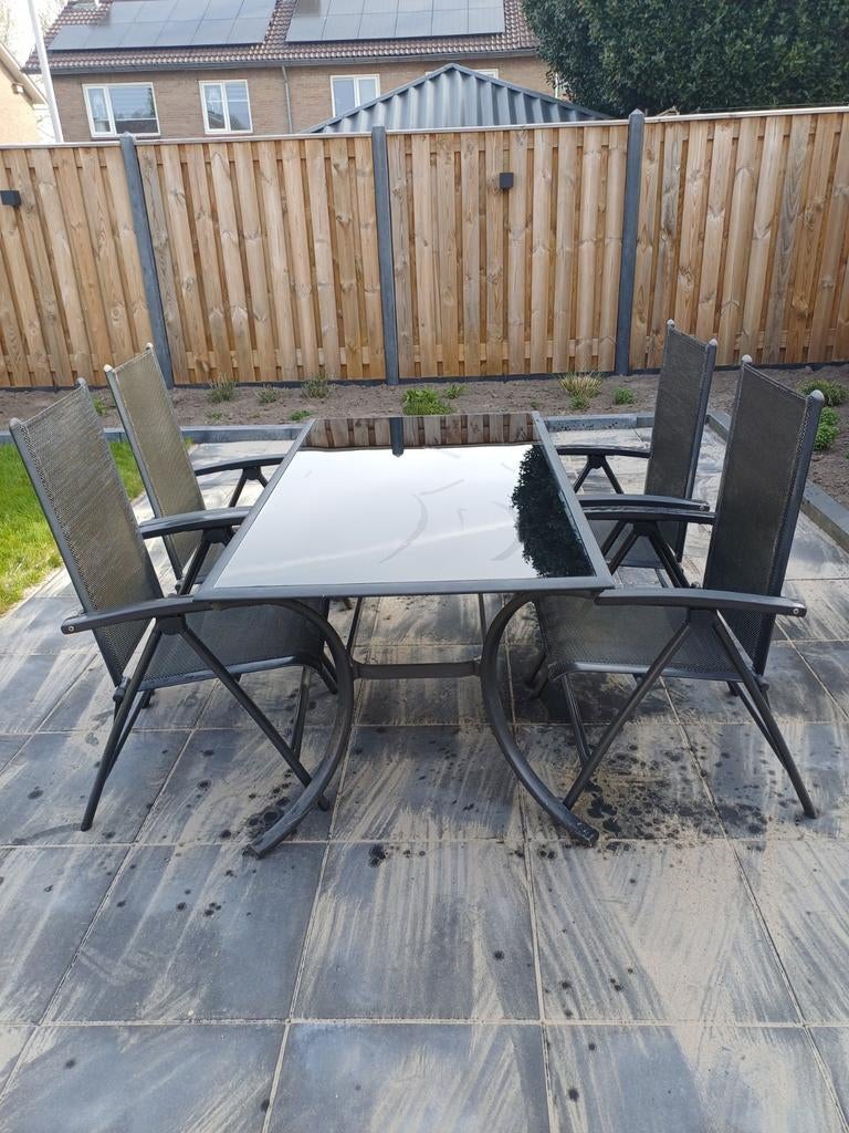 Tuinset met 4 verstelbare stoelen en glazen tafel, Tuin en Terras, Ophalen, 4 zitplaatsen, Gebruikt, Aluminium
