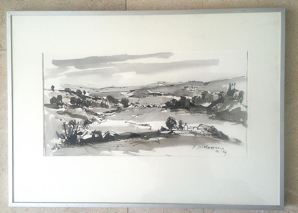 Heuvellandschap met brug 1969 - Jan Korthals 1916-1972, Antiek en Kunst, Ophalen of Verzenden