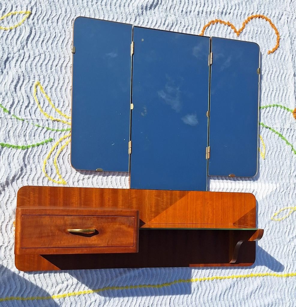 Retro vintage wandkastje met spiegel, make-up tafel met lade, Ophalen, Minder dan 50 cm, Gebruikt, Vintage