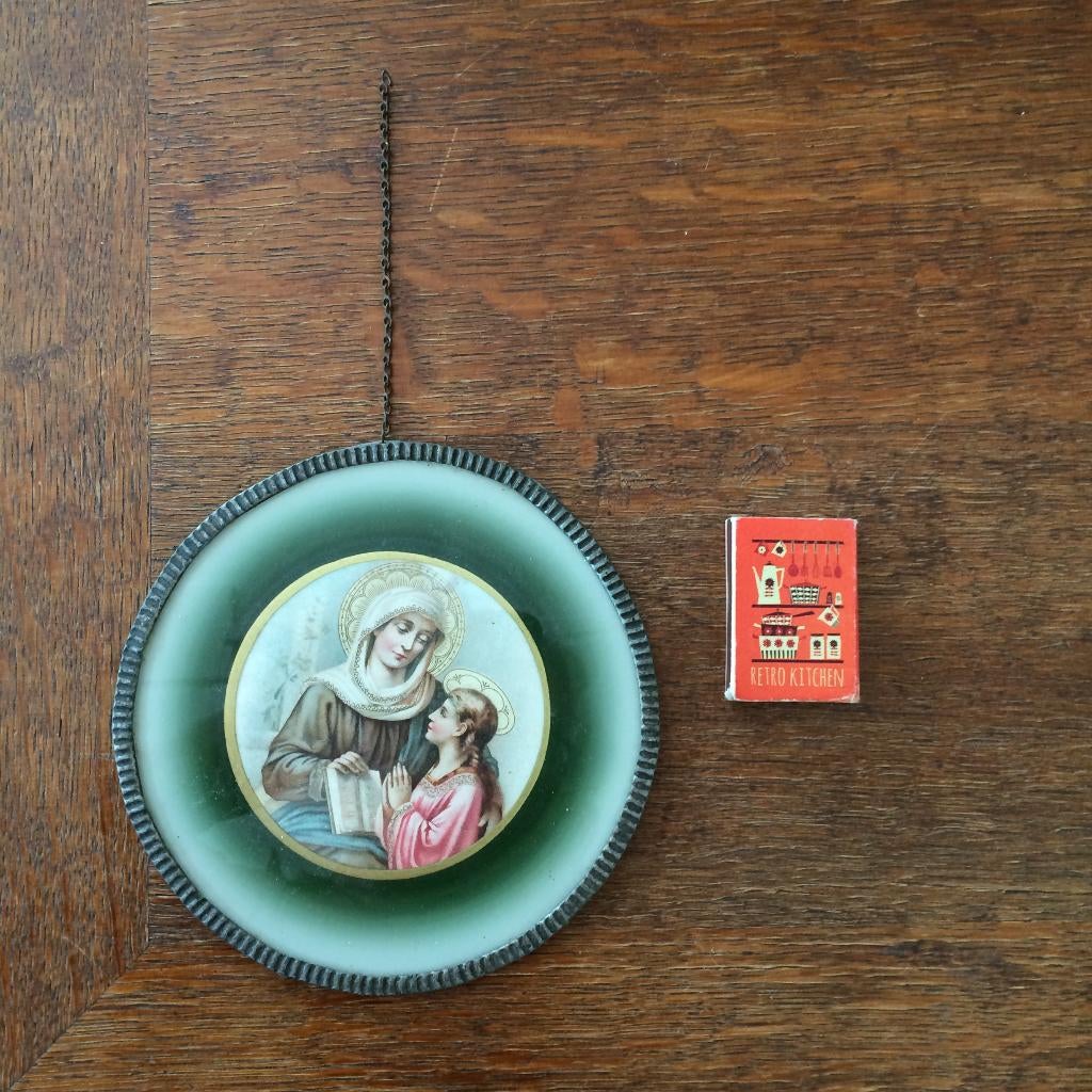Groot rond Maria medaillon met kindeke Jezus achter glas, Ophalen of Verzenden, Gebruikt, Overige typen, Christendom | Katholiek