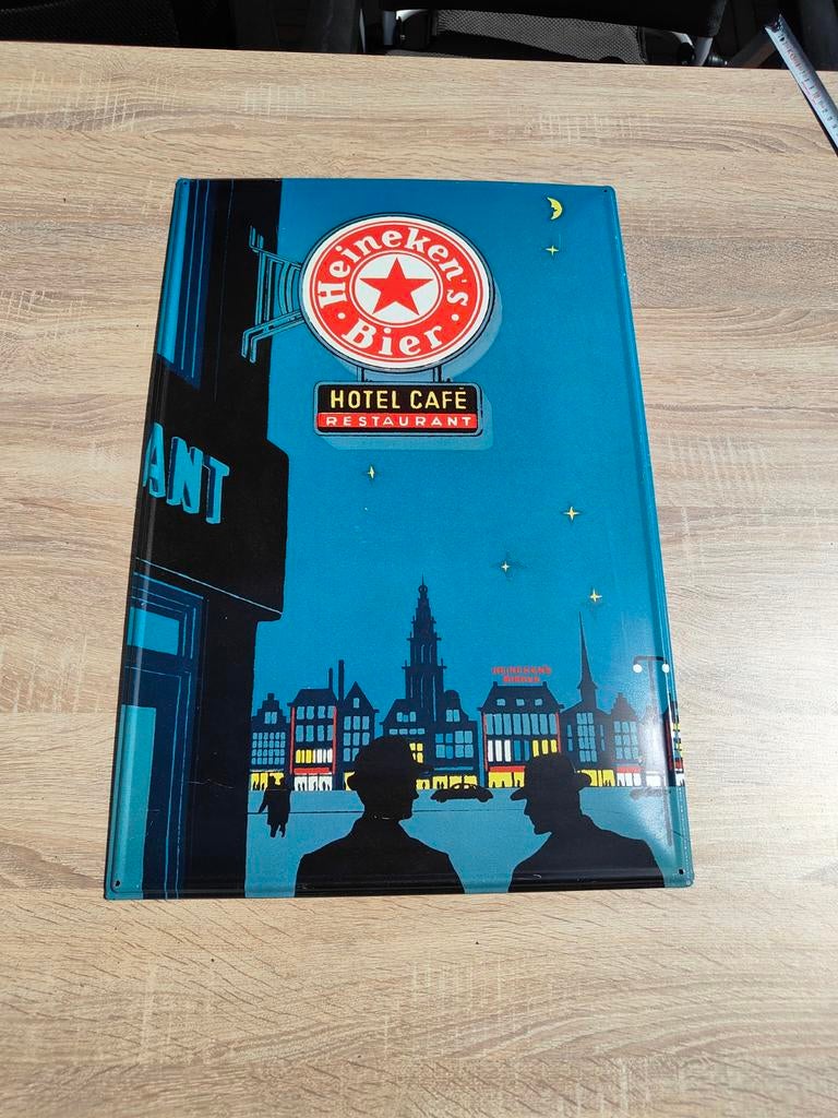 Vintage Heineken Bier Reclamebord - Hotel Café, Verzamelen, Biermerken, Ophalen of Verzenden, Gebruikt, Reclamebord, Plaat of Schild