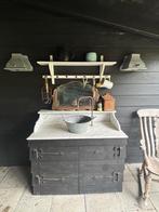 Vintage buitenkast met zinken wastafel en marmeren blad, Ophalen of Verzenden