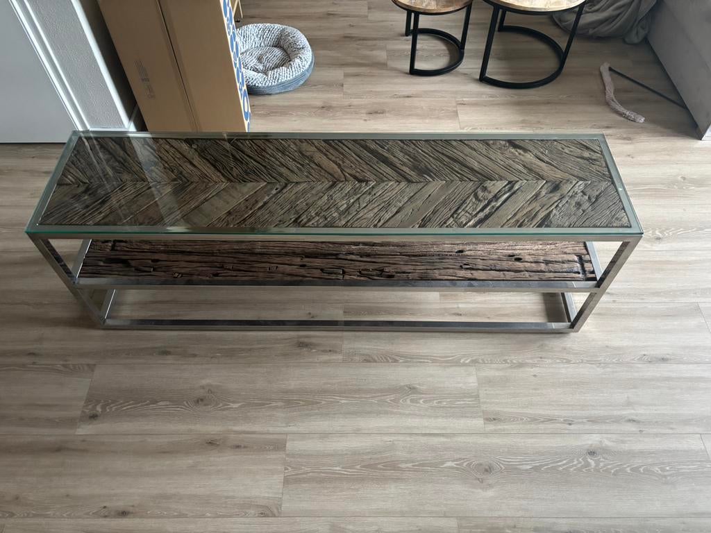 Hout met chroom en losse glas plaat, Ophalen, 150 tot 200 cm, Zo goed als nieuw, Minder dan 100 cm
