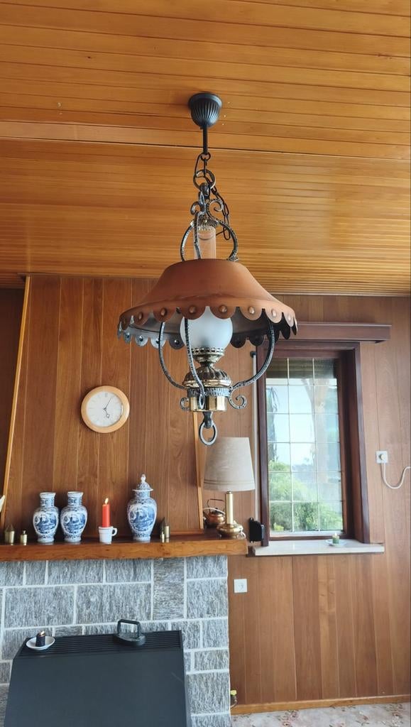 Vintage Hanglamp met Glazen Bol en Metalen Details, Huis en Inrichting, Lampen | Hanglampen, Gebruikt, 50 tot 75 cm, Ophalen of Verzenden