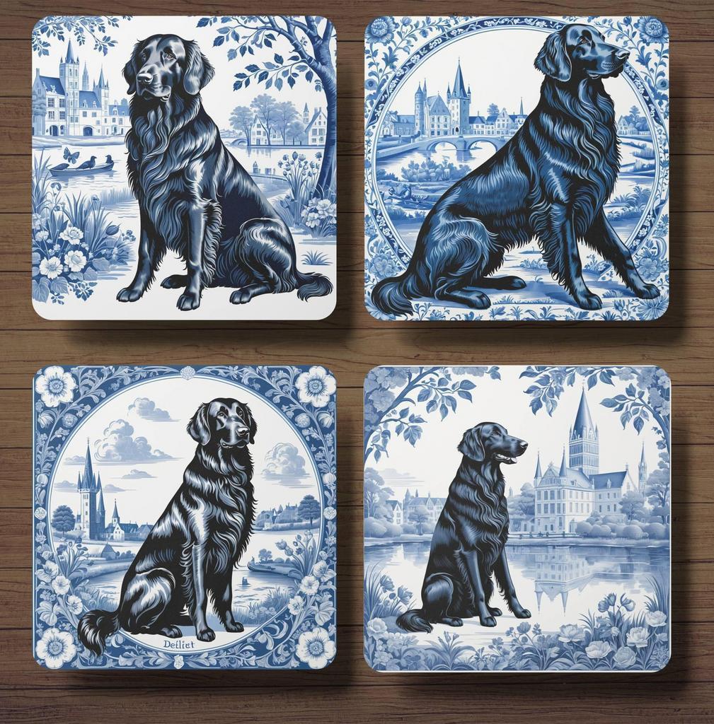 Flatcoated Retriever Delfts Blauw onderzetters met houder, Ophalen of Verzenden, Nieuw, Glas of Kopje