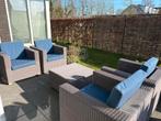Tuinset met 4 stoelen en tafel, blauwe kussens, Ophalen, 4 zitplaatsen, Zo goed als nieuw, Wicker