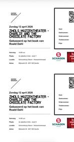 4 tickets musical Charlie and the chocolate factory Zwolle, Twee personen, April