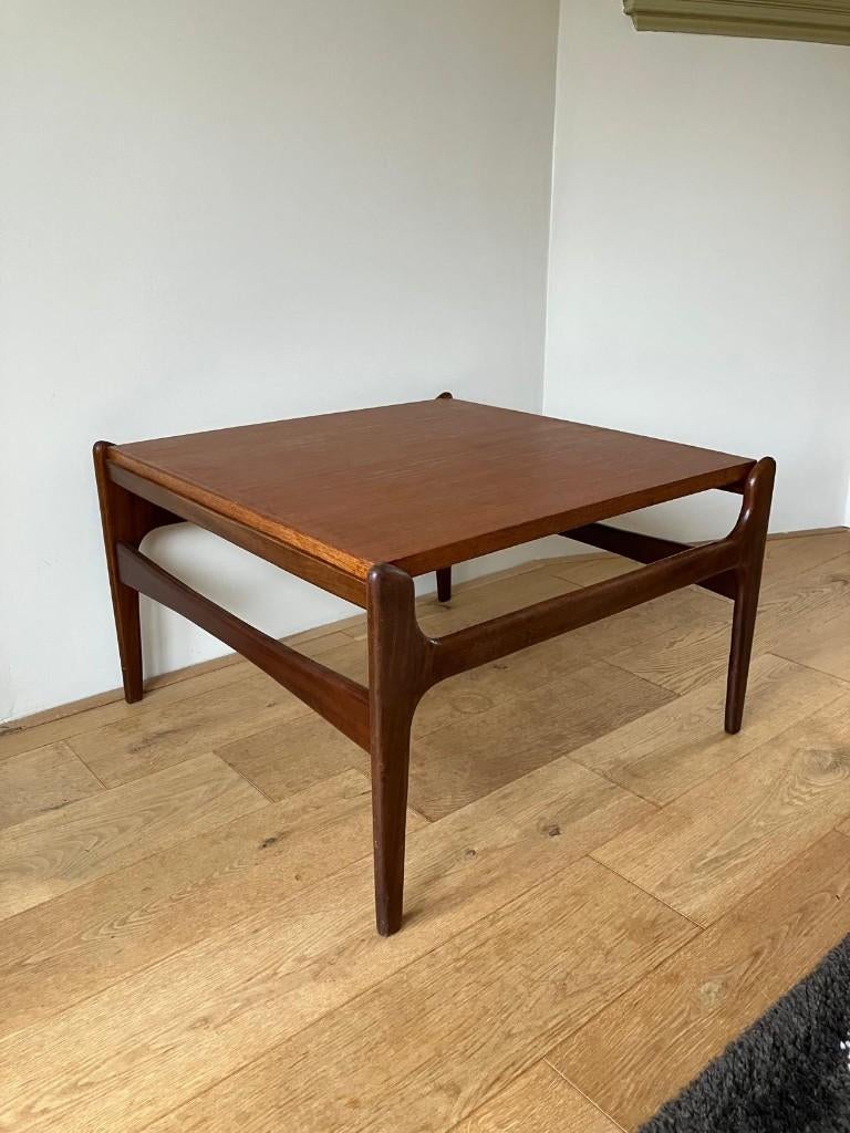 Vierkante Deens Teak Vintage Mid Century salontafel, Ophalen, Gebruikt, 100 tot 150 cm, 50 tot 100 cm
