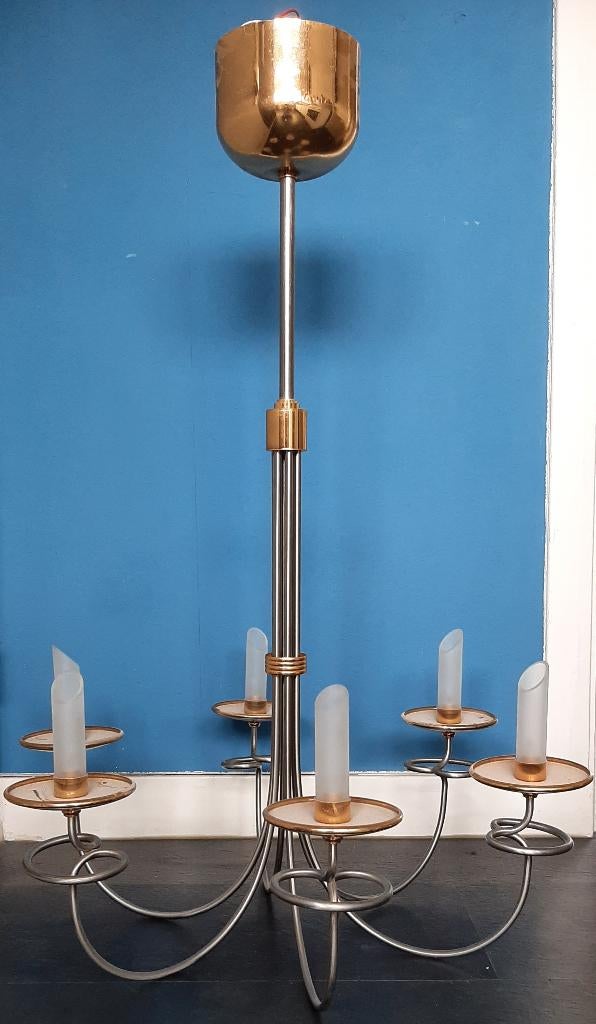 Italiaanse 6 lichts led kroonluchter/hanglamp - mid-century, Huis en Inrichting, Ophalen, Zo goed als nieuw, Glas, Mid-century klassiek elegant modern