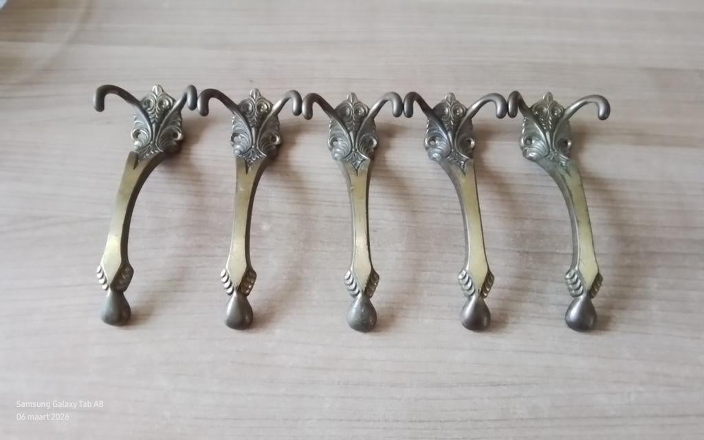 Set van 5 antieke messing kapstokhaken,19 cm lang, Antiek en Kunst, Antiek | Koper en Brons, Ophalen of Verzenden, Koper