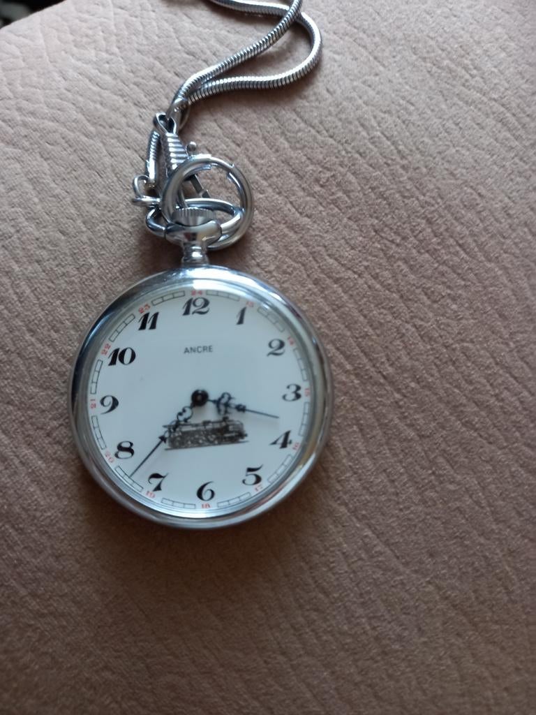 Zakhorloge met treinmotief - Ancre, Sieraden, Tassen en Uiterlijk, Horloges | Antiek, Overige merken, Zakhorloge, Staal, Ophalen of Verzenden