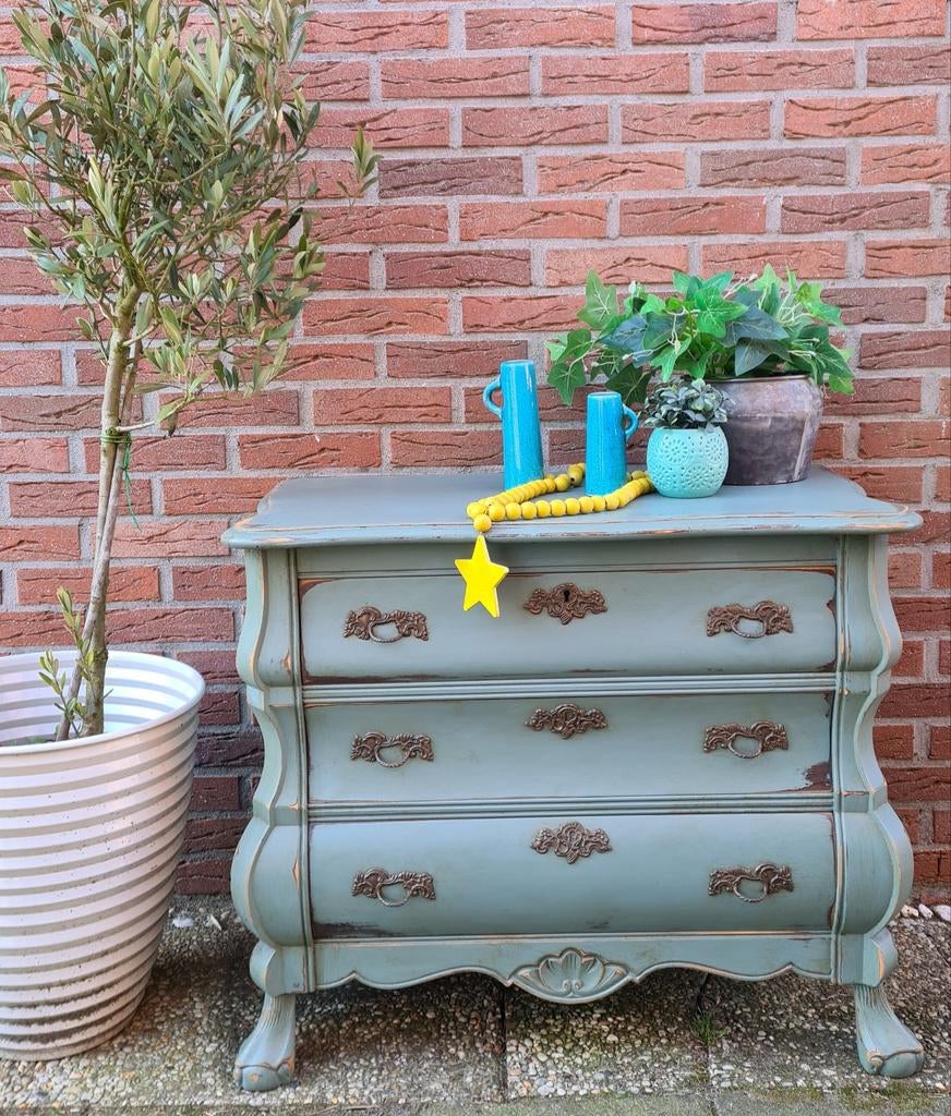 Brocante landelijk buikkastje ladenkastje grijsblauw vintage, Ophalen, Brocante landelijk antiek, 50 tot 100 cm, Zo goed als nieuw