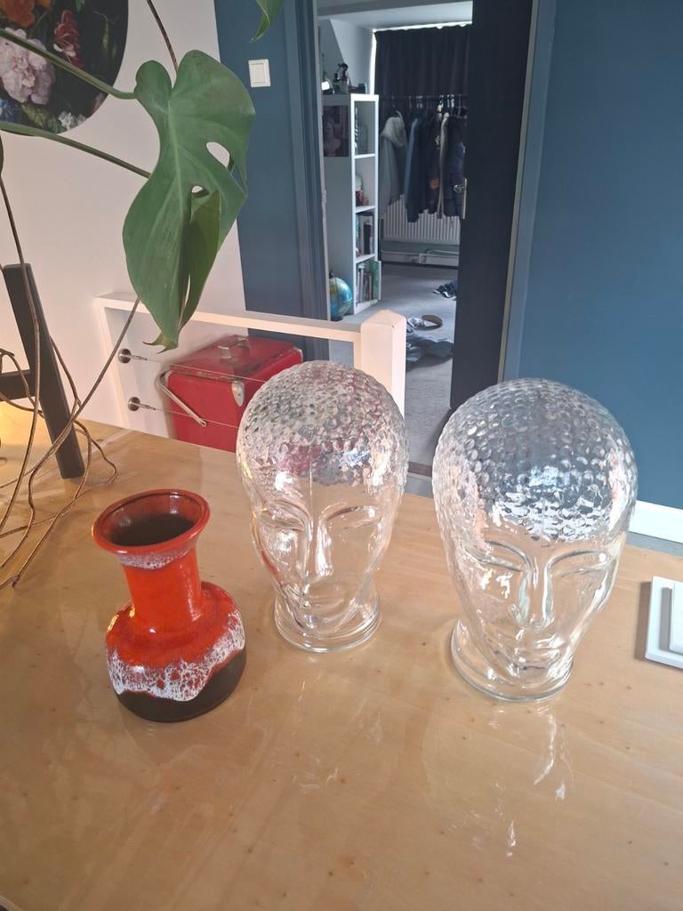 Set van 2 Vintage Glazen Hoofden - Jaren '80 Decoratie, Antiek en Kunst, Antiek | Glas en Kristal, Ophalen of Verzenden