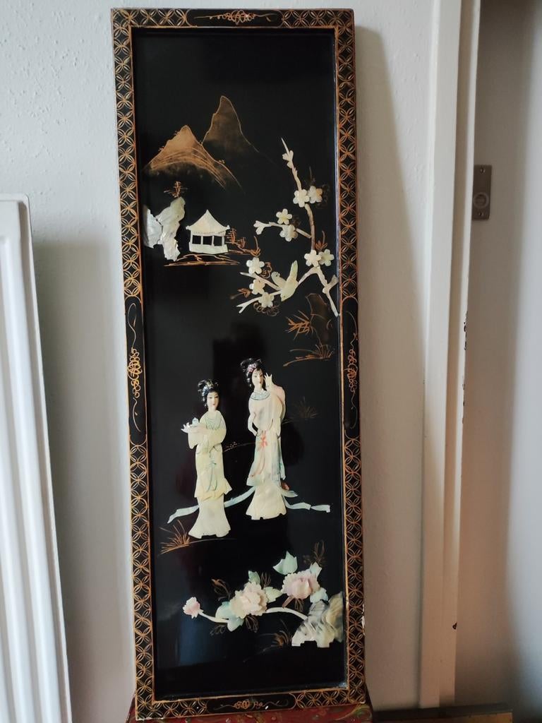 Prachtig groot oud Japans paneel ingelegd met parelmoer, Antiek en Kunst, Ophalen of Verzenden