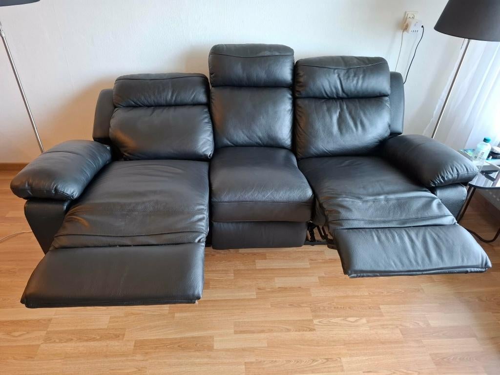 lederen 3-zit met 2 manuele relaxen - donker bllauw-grijs, Huis en Inrichting, Banken | Bankstellen, Ophalen, Driepersoons, Leer