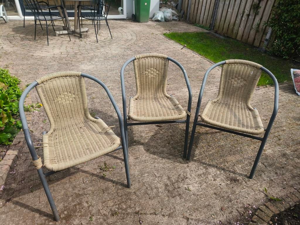 Tuinstoelen rotan drie stuks, Ophalen, Gebruikt, Rotan, Stapelbaar