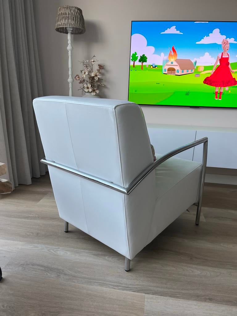 Montel fauteuil wit leer, Ophalen, Gebruikt, Leer, 75 tot 100 cm