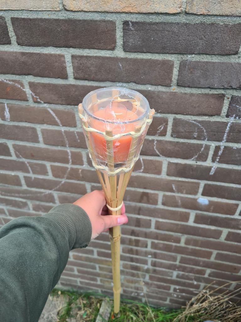 Bamboe tuinfakkel met kaars, Ophalen of Verzenden, Zo goed als nieuw