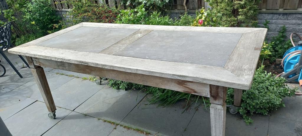 GRATIS zware tafel teakhout met hardsteen tegels, Ophalen of Verzenden, Gebruikt, Rechthoekig, Hout