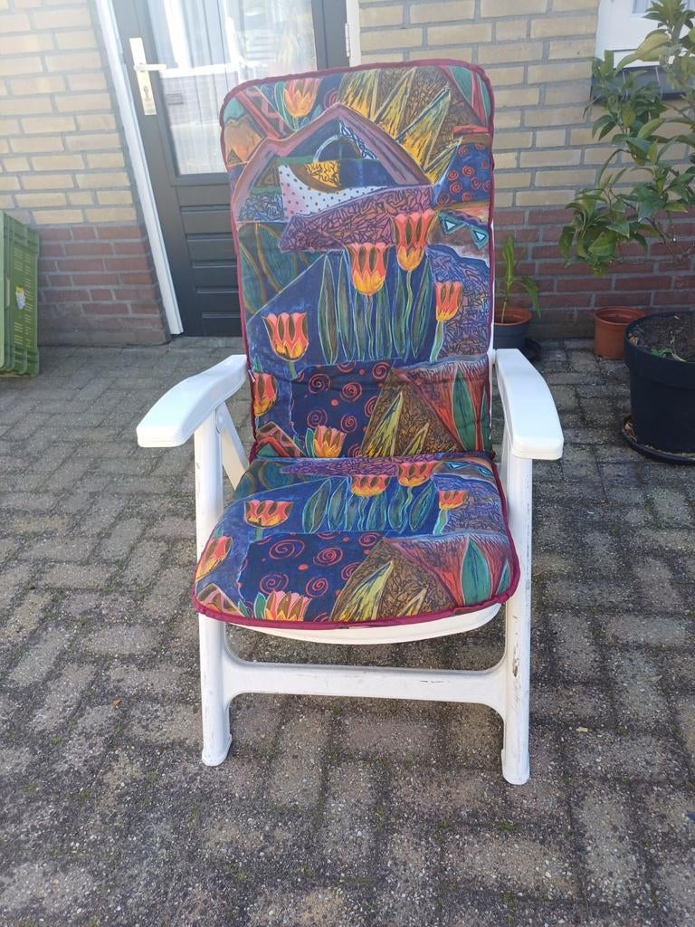 4 Witte Verstelbare Tuinstoelen met Kussens, Ophalen of Verzenden, Gebruikt, Kunststof, Verstelbaar