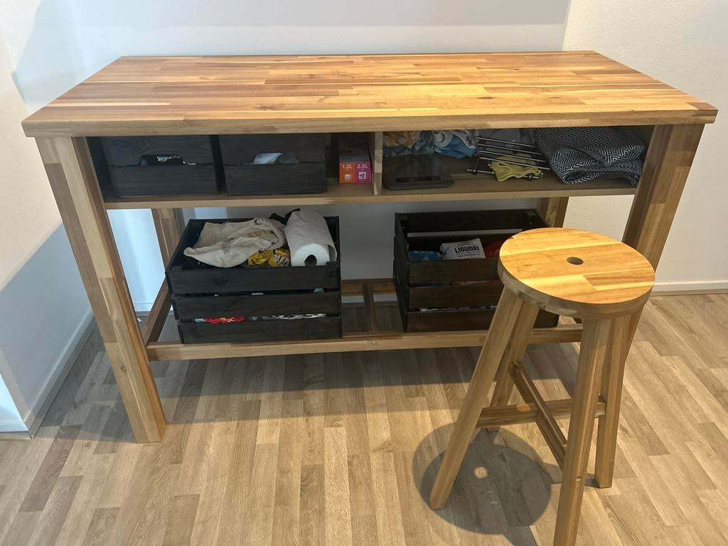 IKEA Skogsta barmeubel met barkruk (massief hout), Huis en Inrichting, Barkrukken, Ophalen, Gebruikt, Hout, 90 cm of meer
