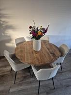 Ronde eettafel mangohout 130 cm met spinpoot - industrieel, Ophalen, Gebruikt, 100 tot 150 cm, Rond